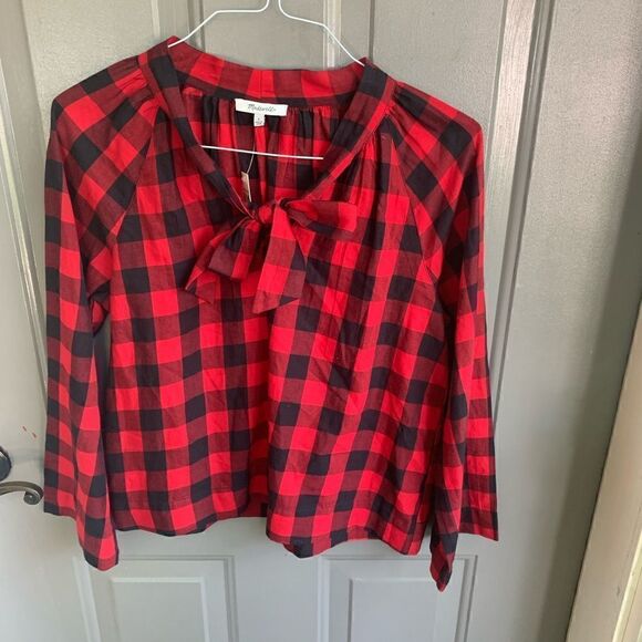 NWT Madewell Red and Black Buffalo Check Tie Front Top size S - Picture 4 of 4
